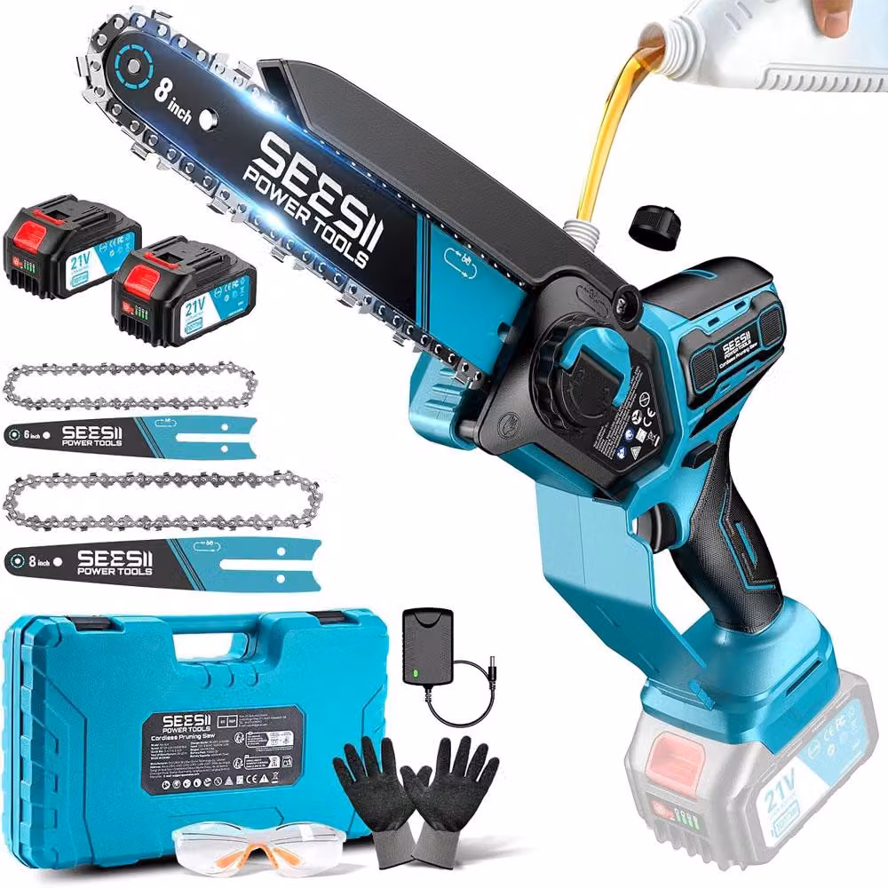 Accu sega a catena da 6 e 8 pollici, motore brushless, 1000 W, con 2 batterie da 4000 mAh