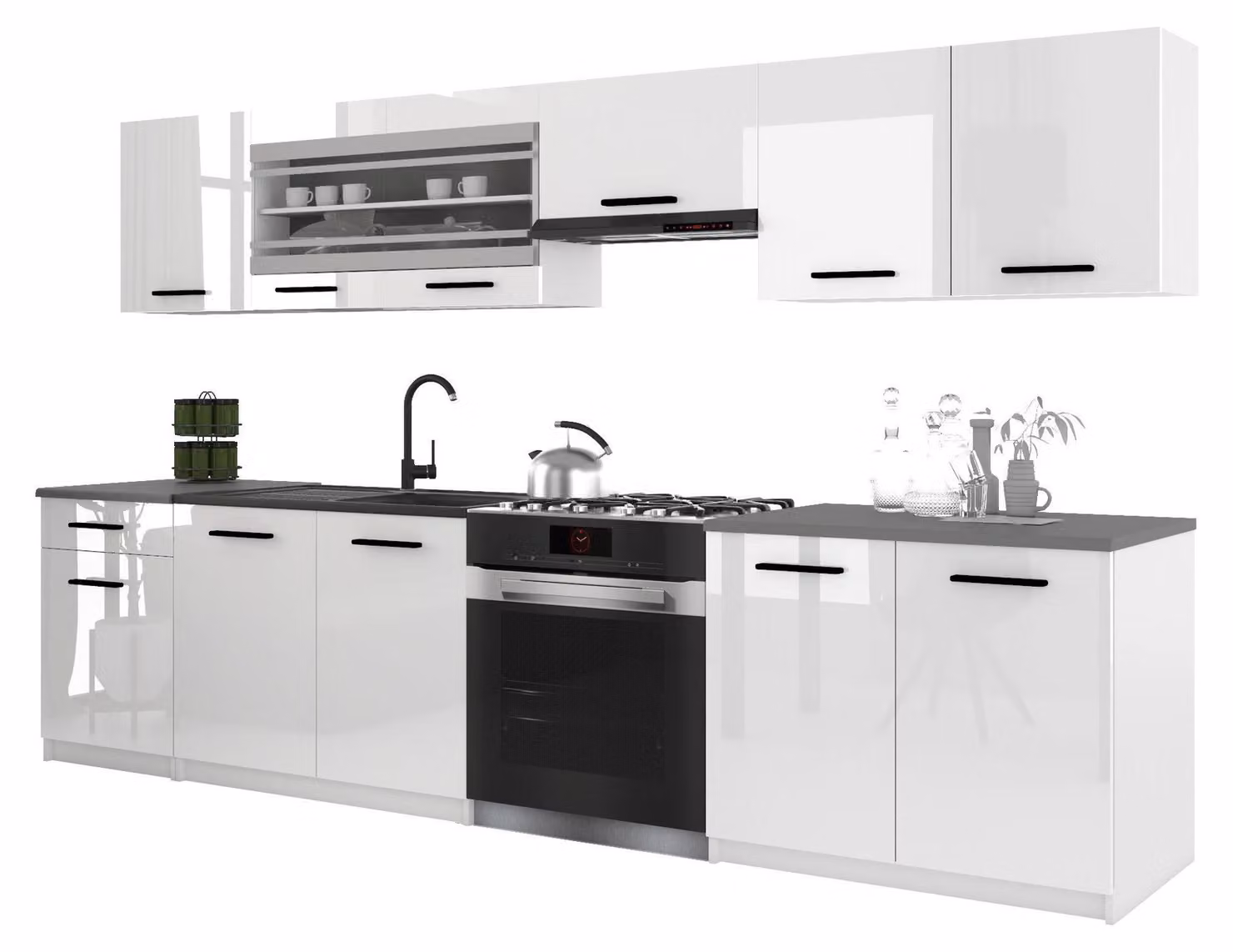Belini - Angolo cottura moderno ITALIA 4 - Mobili da cucina 260 cm bianco lucido - Cucina componibile con pensili, mobili base e piani di lavoro