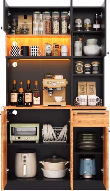 Mobile dispensa cucina con LED RGB; 100 x 40 x 180 cm; 6 ante e 1 cassetto; MDF nero e effetto legno