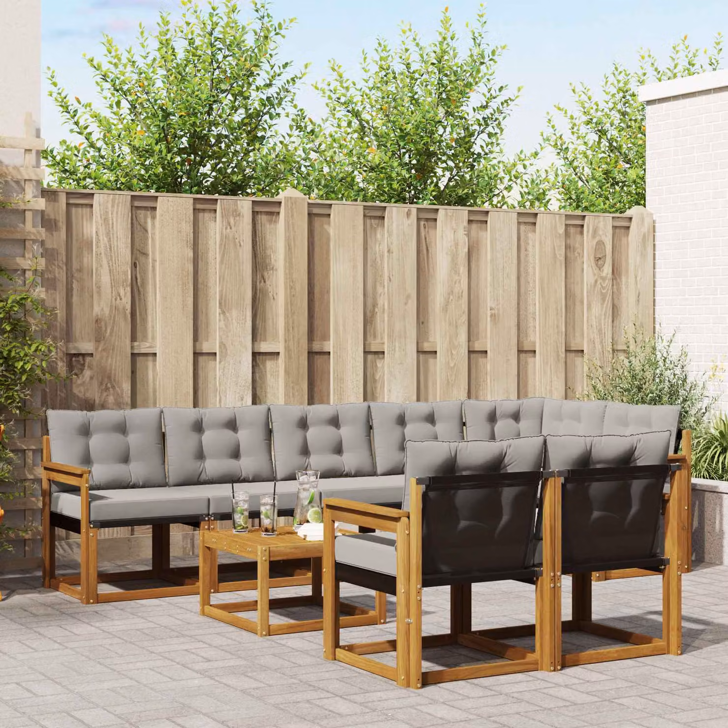 Set di divani da esterno vidaXL 9 pz in legno di acacia e textilene, colore grigio, con elementi angolari, tavolino da caffè e cuscini inclusi