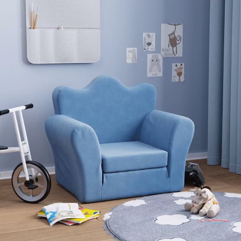 vidaXL Divano Letto per Bambini Blu in Morbido Peluche con Struttura Imbottita