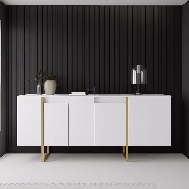 Credenza Arta DMORA per soggiorno e cucina, Bianco e Oro, L: 160 cm, P: 35 cm, H: 80 cm