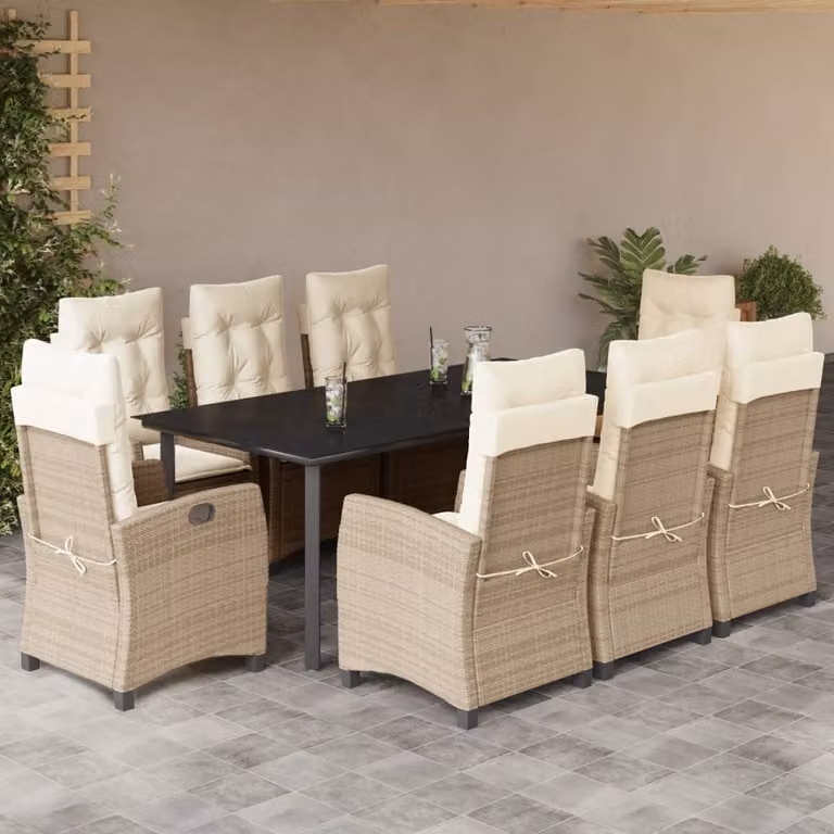 Set da pranzo da giardino vidaXL in polyrattan con cuscini beige e piano in vetro, 9 pezzi