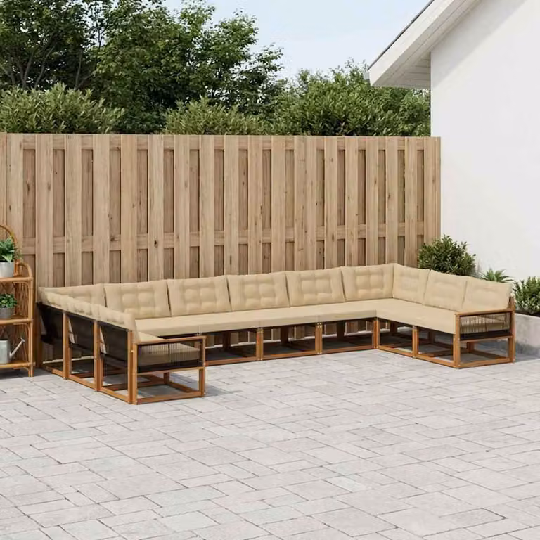 vidaXL Set di divani da esterno a forma di U composto da 10 pezzi in legno di acacia con cuscini beige e marroni