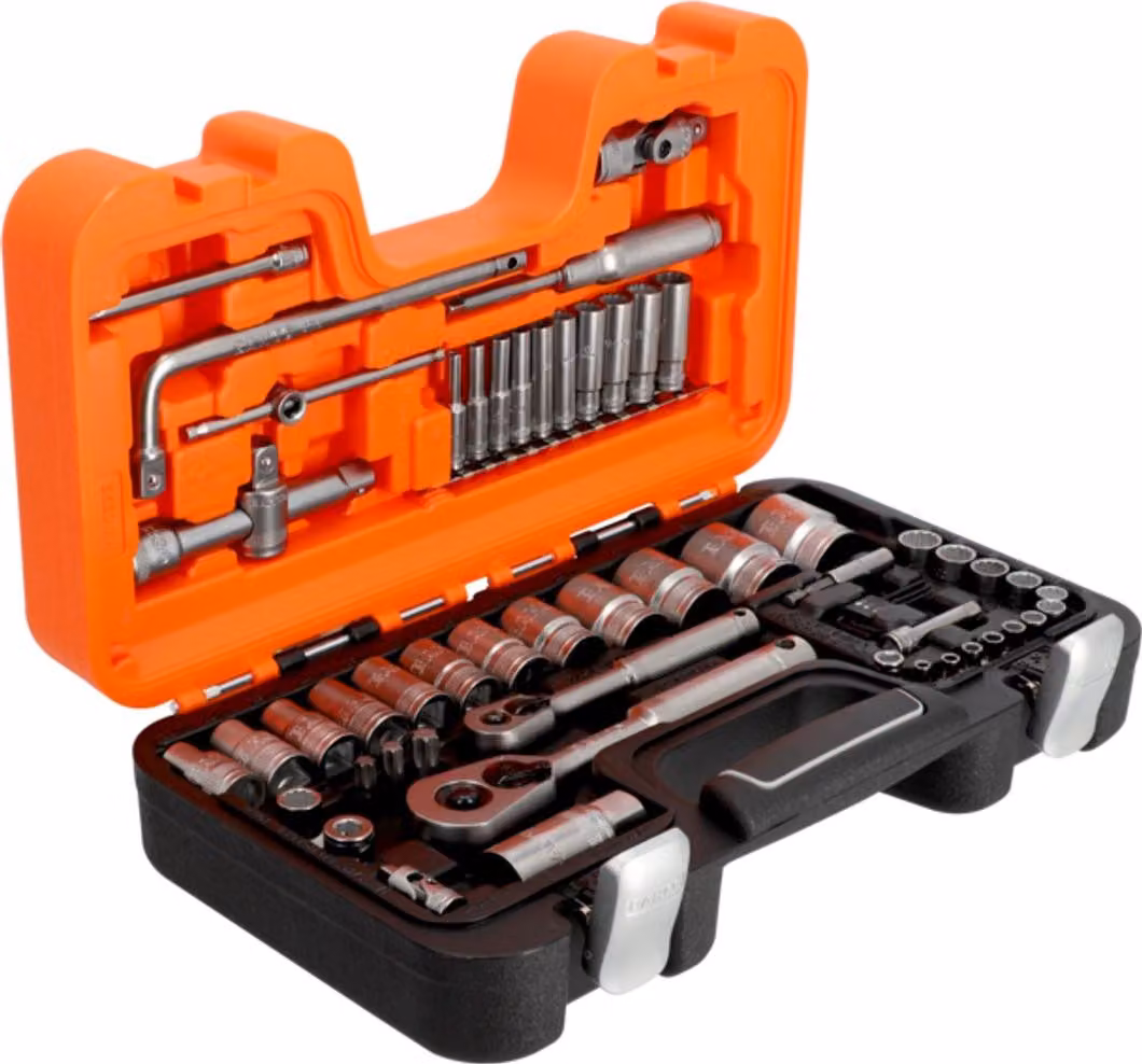 Set di chiavi a bussola Bahco da 1/4 e 1/2, metriche, dodecagonali, attacco quadro, cricchetto reversibile con impugnatura in metallo - 56 pz.