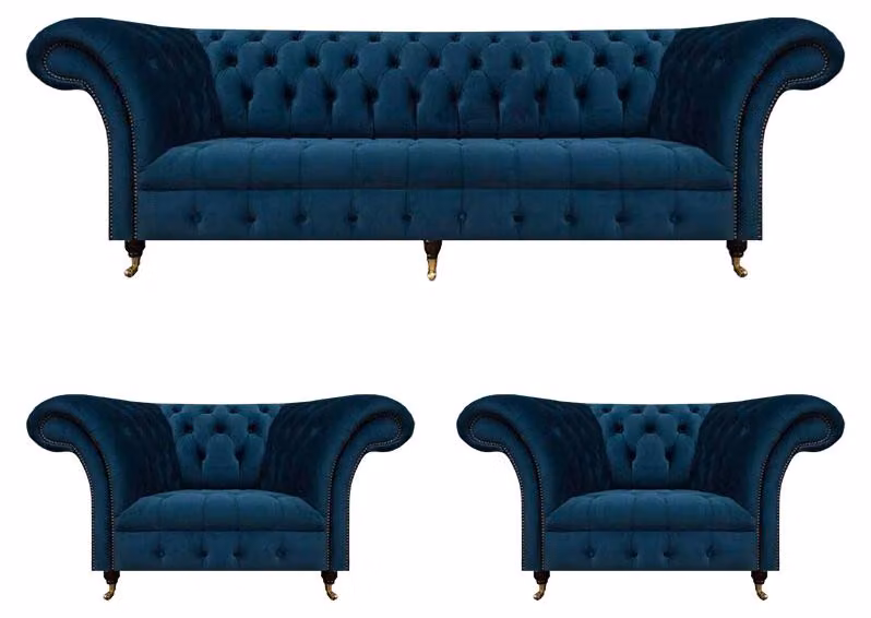 Blaue Chesterfield 2x Sessel Wohnzimmer Dreisitzer Polster Couch 3tlg