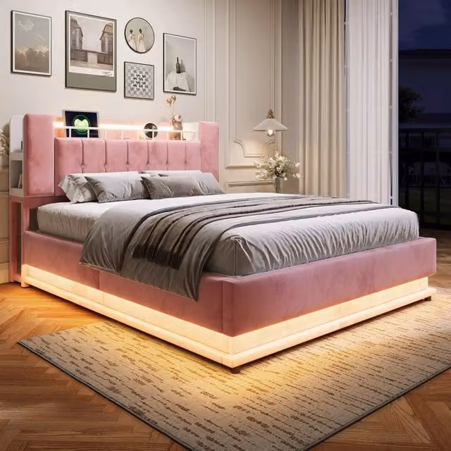 Letto contenitore 160 x 200 cm con contenitore idraulico, LED e USB, letto matrimoniale imbottito in velluto rosa con vano integrato nella testiera