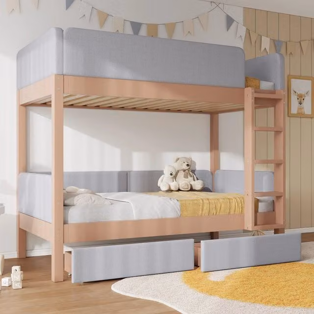 Letto a castello 90x200 cm con scale a 4 gradini e cassetti in legno e tessuto grigio