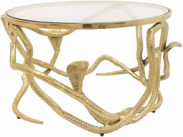 Tavolino basso VIPEREA rotondo 67 cm dorato con serpenti in alluminio e vetro temperato