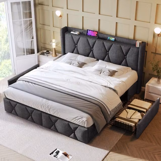 Letto 140x200 cm grigio – testiera con USB, 4 cassetti, con materasso