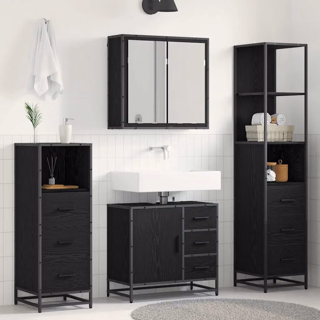 Set di mobili per il bagno moderno vidaXL 4 pezzi in legno e metallo nero opaco con armadietto a specchio, mobile lavabo, mobile laterale e colonna alta, finitura rovere – 1