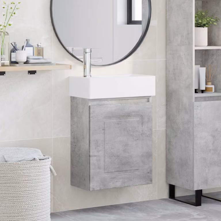 Mobile bagno moderno vidaXL con rubinetto, Grigio Cemento e Bianco, L 45,5 cm x P 22,5 cm x H 84 cm