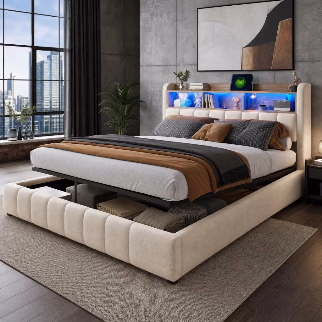 Letto Imbottito REDOM Beige con Contenitore, Illuminazione LED e Porte USB, L/P: 180 x 200 cm – 2