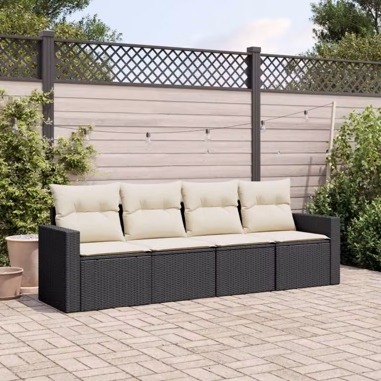 vidaXL Set Divani da Giardino a L 4 pz con Cuscini, Polyrattan e Acciaio, Nero e Bianco