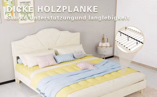 Letto imbottito moderno 160×200 cm beige con testiera geometrica impunturata, base bassa con doghe, materasso 160×200 cm incluso
