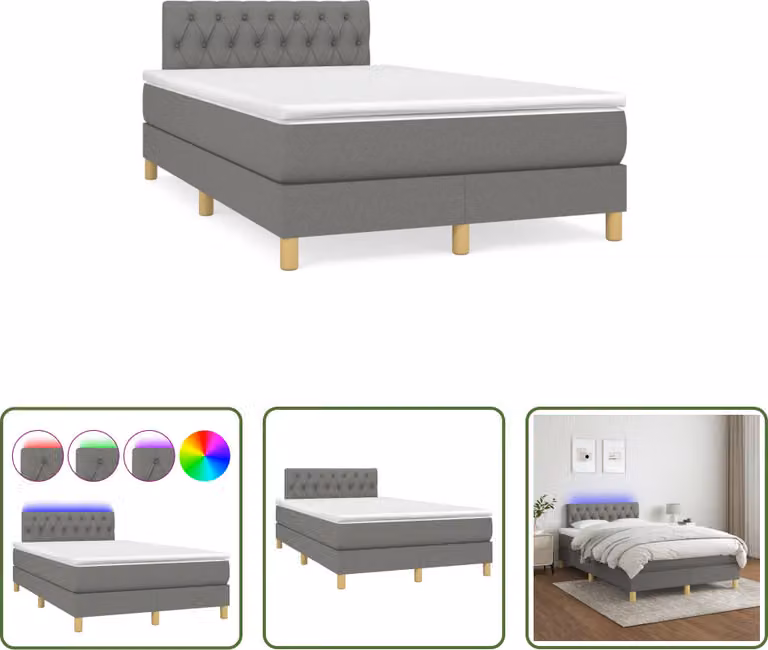 The Living Store Letto a molle con materasso e LED in tessuto grigio scuro 120x190 cm