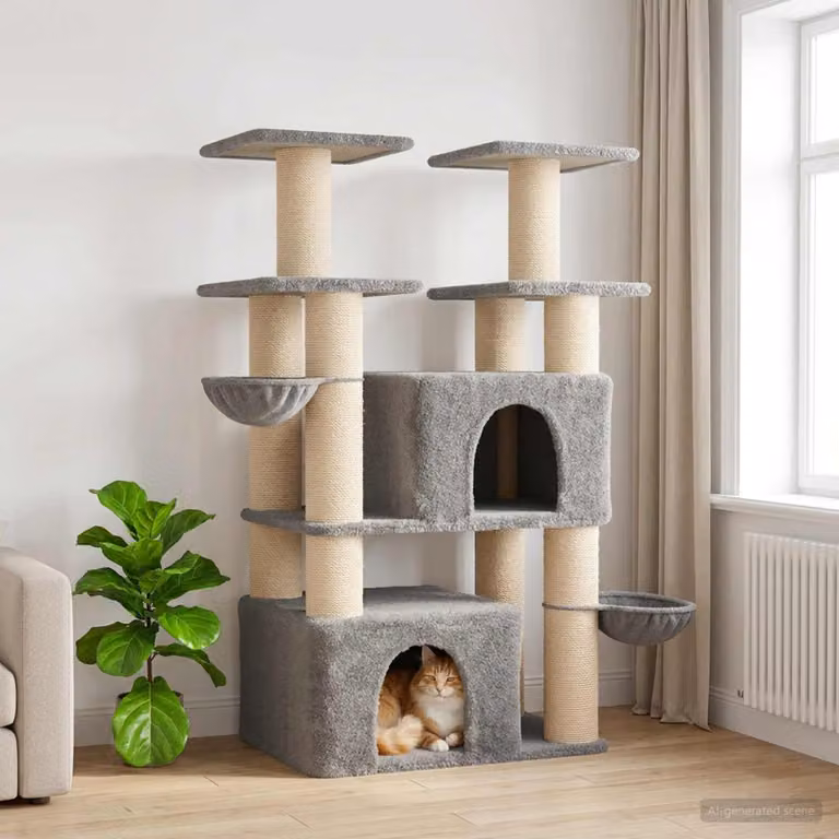 Albero per gatti vidaXL con pali in sisal sostituibile, grotta e giocattoli integrati, Grigio