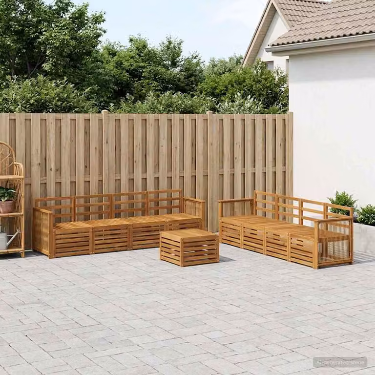 Set di divani da esterno vidaXL 9 pz a forma di U in legno di acacia marrone con cuscini inclusi