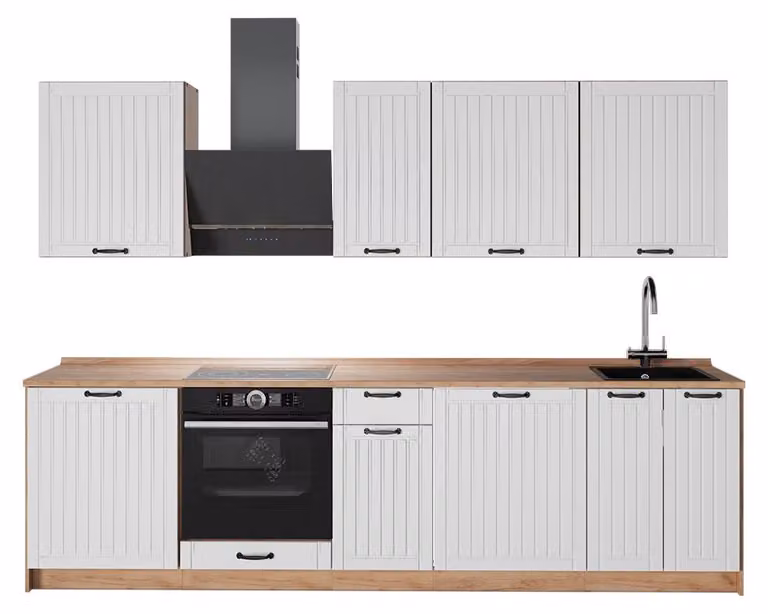 Cucina componibile Vicco Fame-Line Bianco rustico/Rovere dorato 280 cm senza piano di lavoro, Model 64215