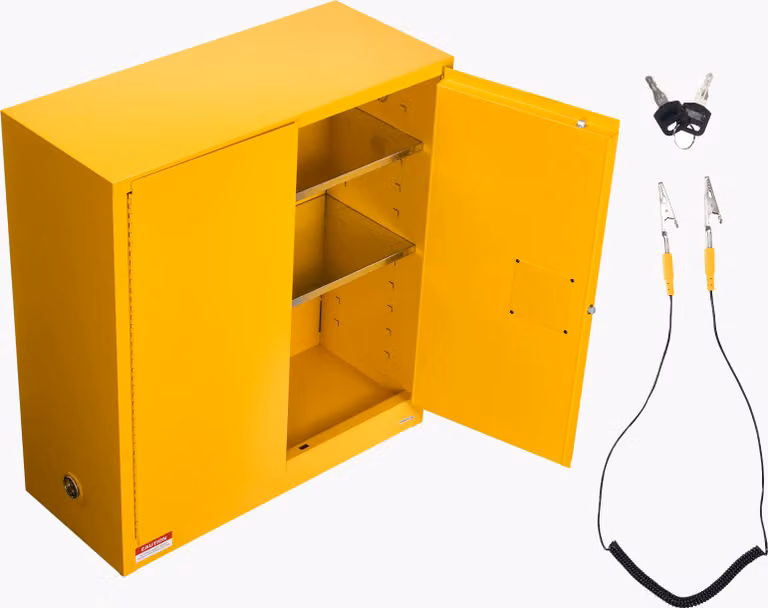 SucceBuy Armadio per estintori per materiali infiammabili (110 L) con ripiano regolabile, in acciaio laminato a freddo e zincato, armadio protettivo giallo per materiali pericolosi