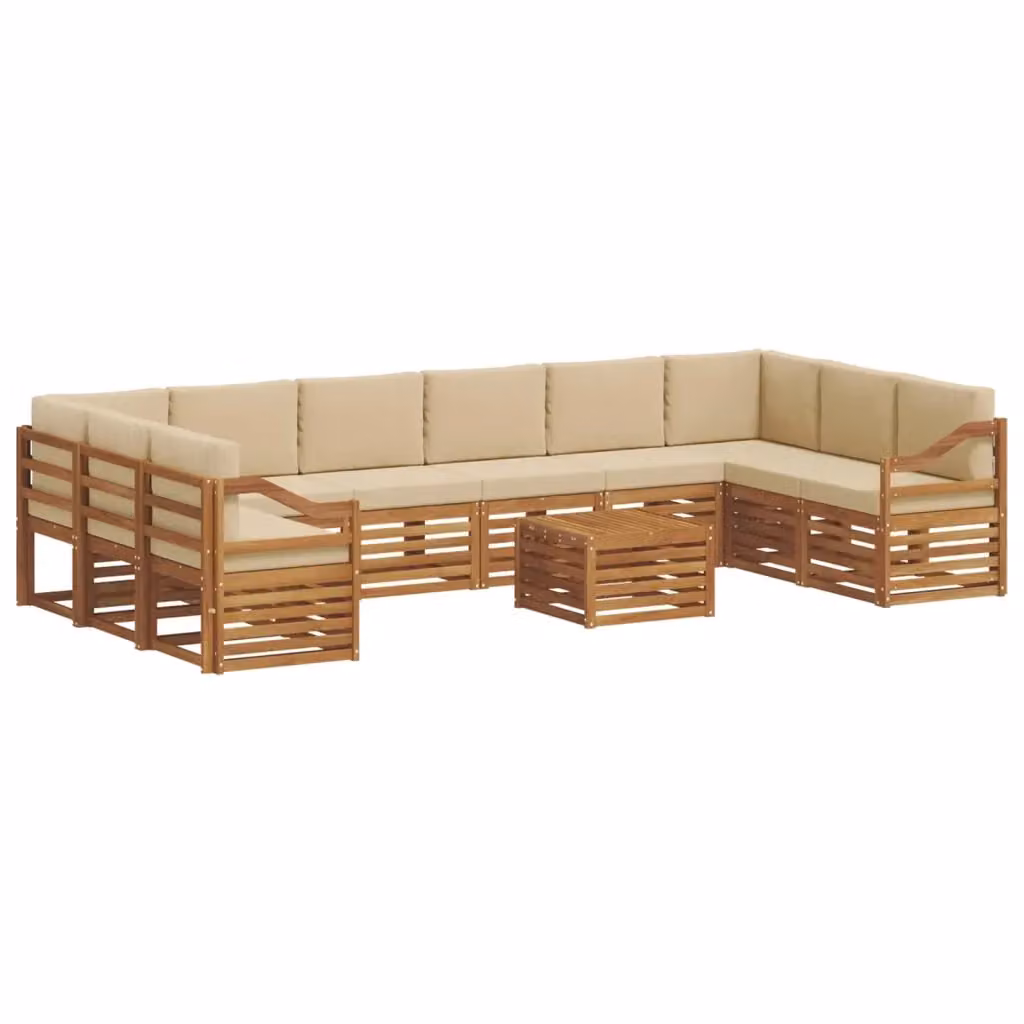 Set di divani da esterno vidaXL a forma di L in legno di acacia con tavolino da caffè e cuscini, colore beige e marrone, 11 pezzi – 2
