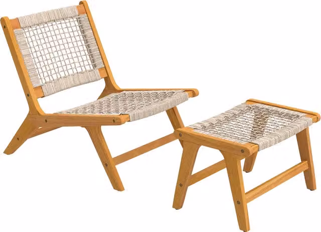 Set da giardino Outsunny composto da poltrona lounge e poggiapiedi in legno di acacia FSC e rattan in stile boho, colore beige e marrone