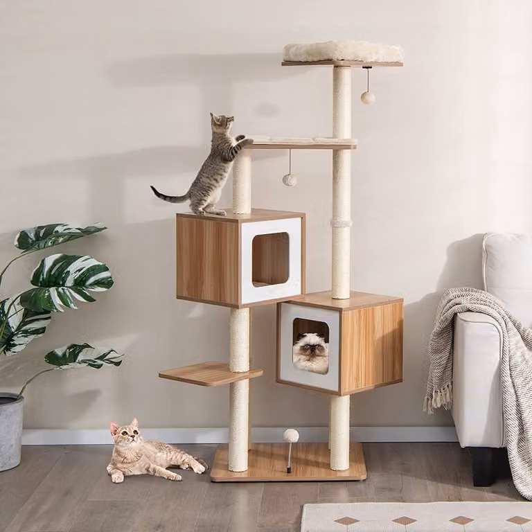 Tiragraffi COSTWAY da 163 cm, albero per gatti con paletti in sisal e cuscini lavabili e piattaforma per sedersi e 3 palline da gioco e 2 grotte per gatti, grande albero da arrampicata per gatti di casa su cui arrampicarsi e riposare