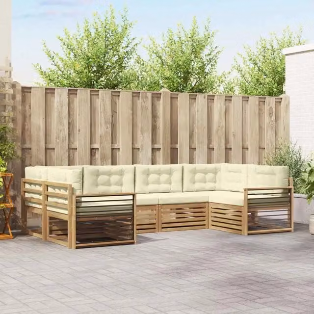 Set di divani da esterno a L vidaXL in legno di acacia con cuscini, Bianco e Beige