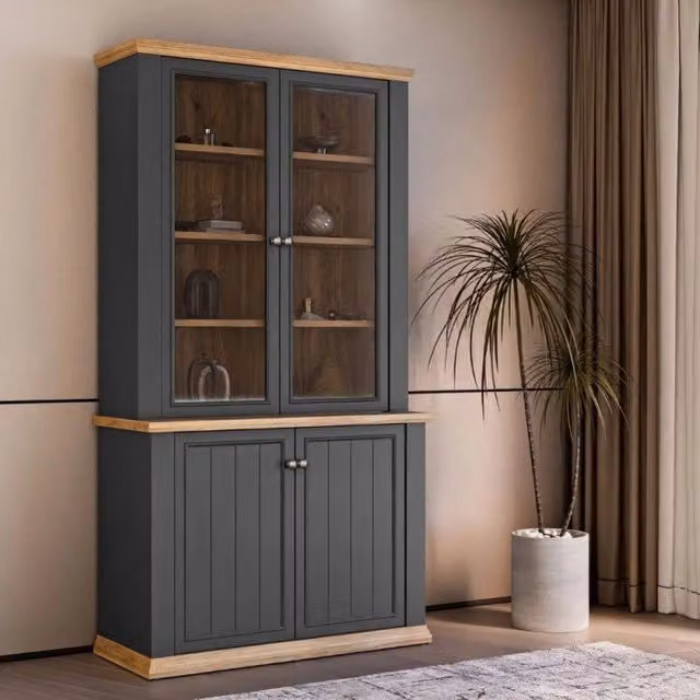 Vetrina Essenza EFFEZETA in stile classico con 2 ante in vetro e 2 ante opache, colore grigio scuro e rovere, H 109,1 cm x L 84,4 cm x P 43,3 cm
