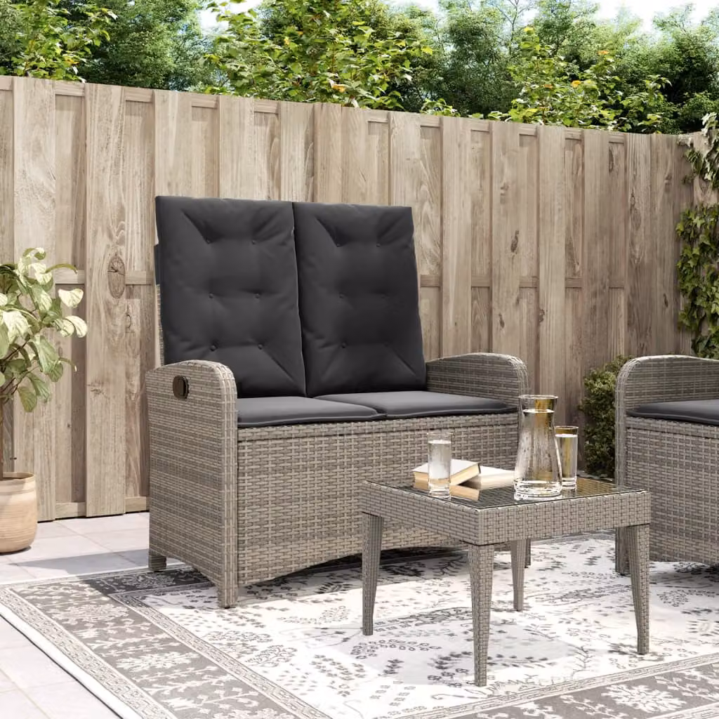 vidaXL Panca Reclinabile da Giardino in Polyrattan e Metallo con Cuscini Grigia L: 110,0 cm, P: 59,0 cm, H: 93,0 cm
