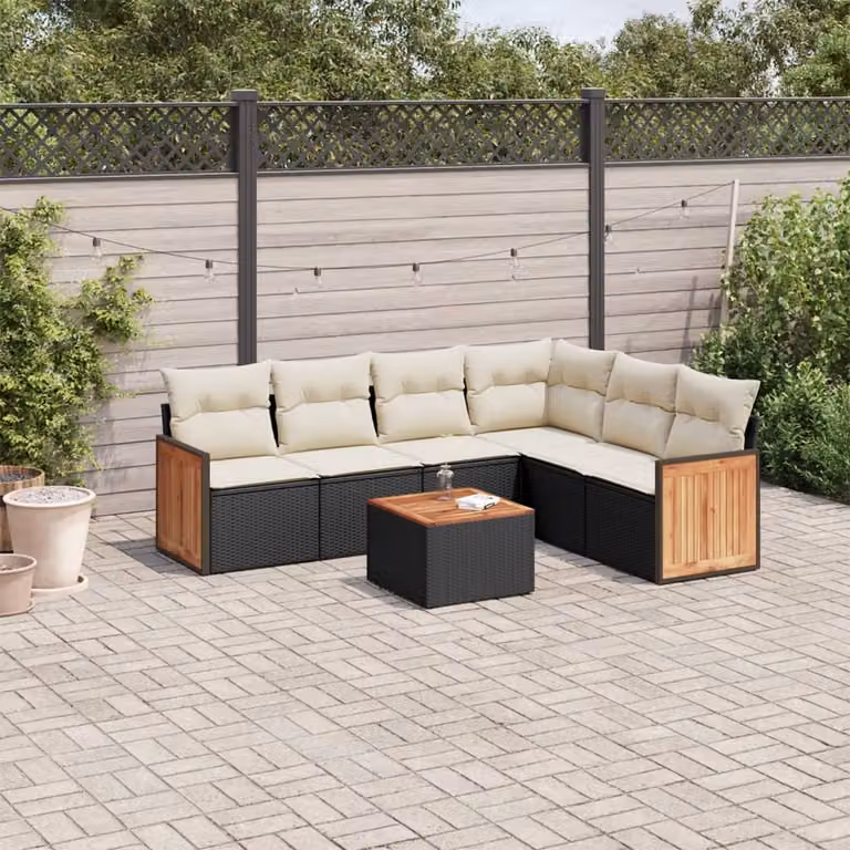 Set Divani da Giardino a L vidaXL in Polyrattan Nero con 7 Cuscini e Tavolino da Esterno