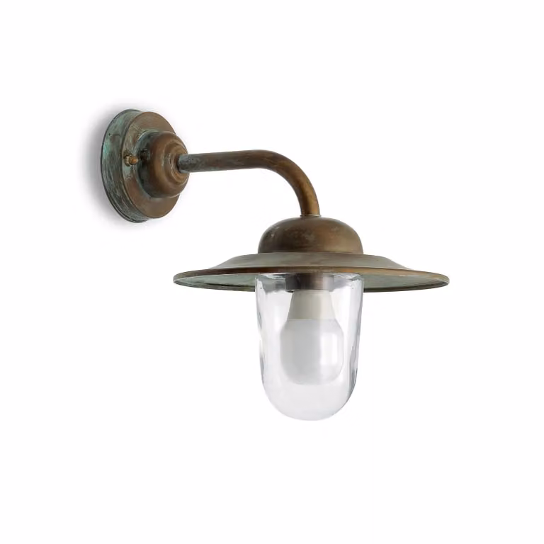 Moretti Luce Applique da esterno Casale, ottone, vetro, IP44, proiezione 30 cm dimmerabile, Bronzo / Ottone antico, Ottone, Antico