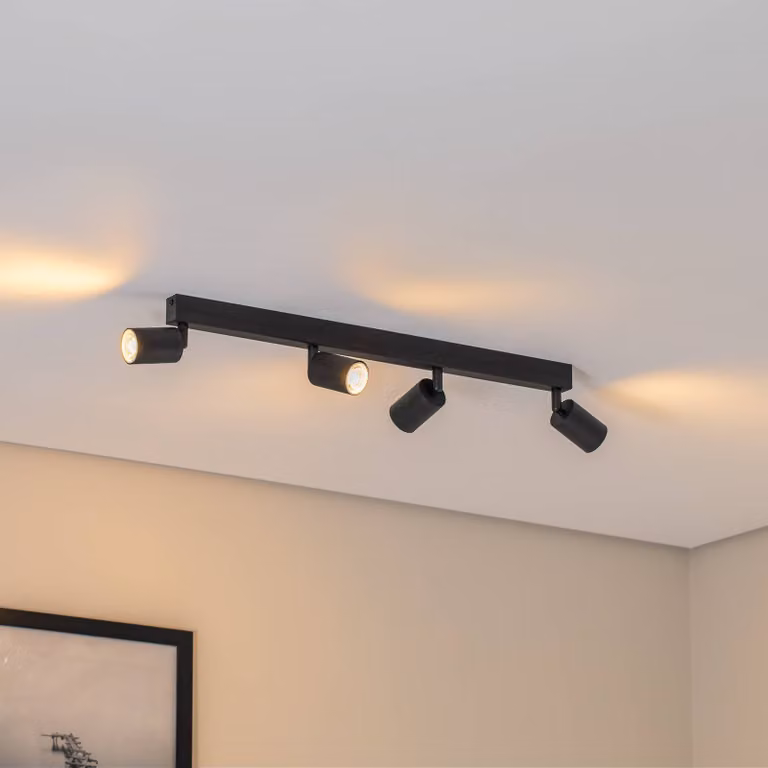 Faretto da soffitto Top, nero, 83 cm, a 4 luci, metallo, GU10 Top TK Lighting, dimmerabile, Nero, Soggiorno / Sala da pranzo, Metallo, Moderno, Faretto alogeno