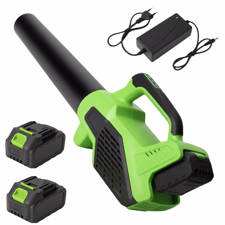 Soffiatore elettrico, motore brushless, velocità di 15000 giri al minuto, 2 batterie