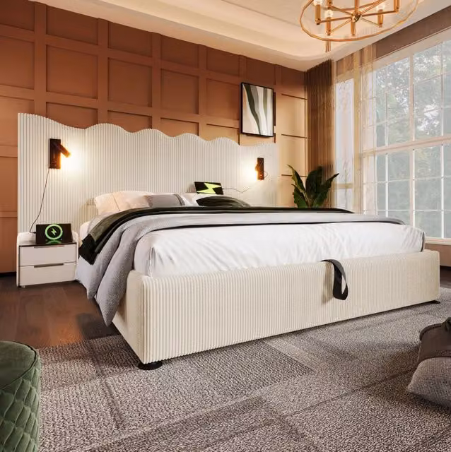 Letto 180x200 cm con contenitore; luce da lettura e ricarica USB-C in metallo; legno e corduroy