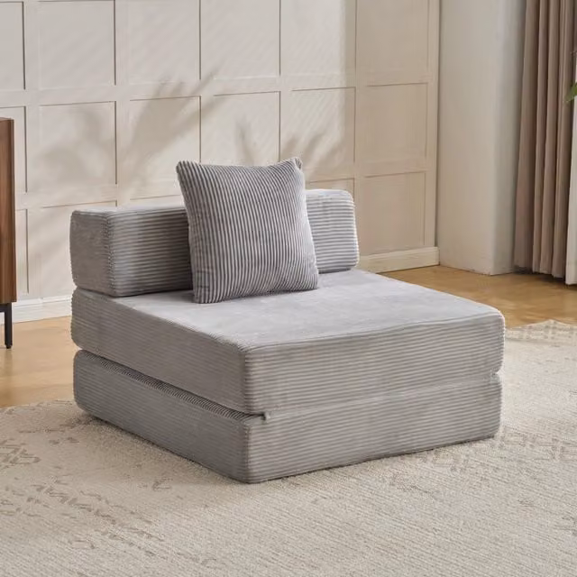Divano letto pieghevole OKWISH singolo in tessuto a coste grigio chiaro con cuscino di supporto per soggiorno e camera da letto