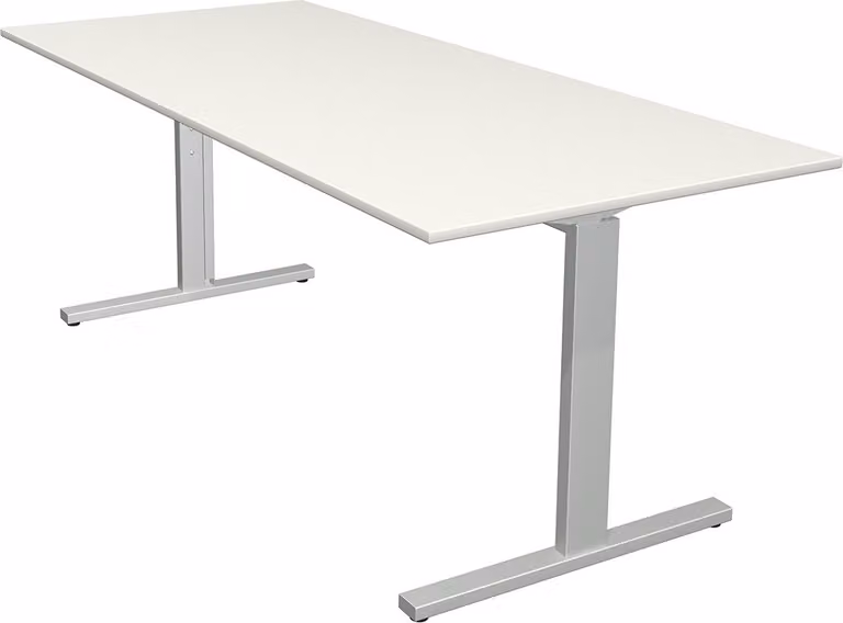 Scrivania Kerkmann Form 2 180x80x70-82 cm, base a T, argento alluminio, bianco
