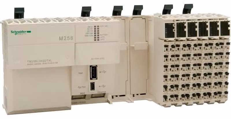 Controllore PLC Schneider Electric, Modicon M258, 46 I/O, Ethernet, Modbus, 2 slot per moduli PCI, 24 V CC, morsetti a molla TM258LD42DT4L