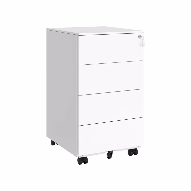 Cassettiera da Ufficio Studio Mobiletto con Ruote, Bianco / 4 Cassetti (69,3H cm)
