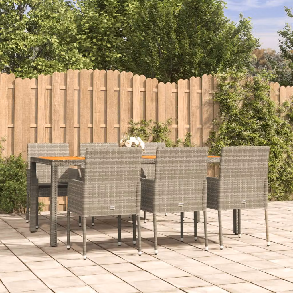 Set da pranzo da giardino vidaXL in polyrattan e legno di acacia grigio con 7 pezzi e cuscini