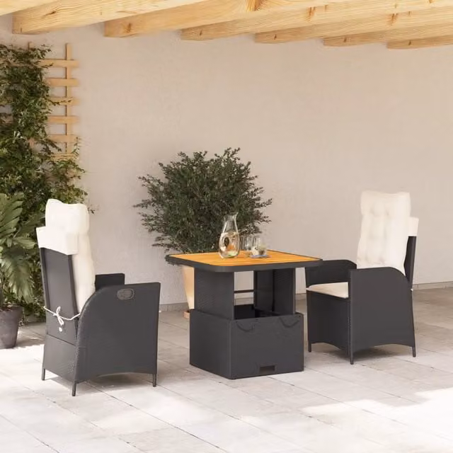Set da Pranzo da Giardino 3 pz con Cuscini Nero in Polyrattan 3277433