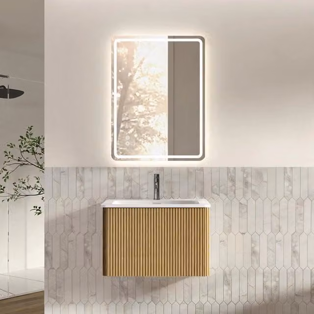 Set mobile bagno con specchio LED 60x80 cm, lavabo 60 cm con sottolavabo preassemblato, armadio a 1 cassetto color rovere, specchio senza cornice montabile orizzontale o verticale