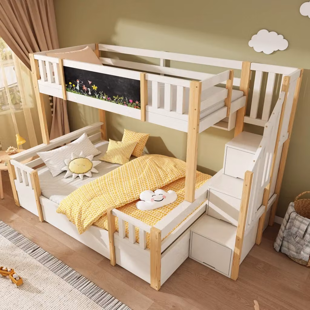 Letto a castello per bambini REDOM in stile scandinavo con struttura a casetta, scala con gradini e cassetti, colore bianco e beige, H 253 x L 90 x P 145 cm – 2