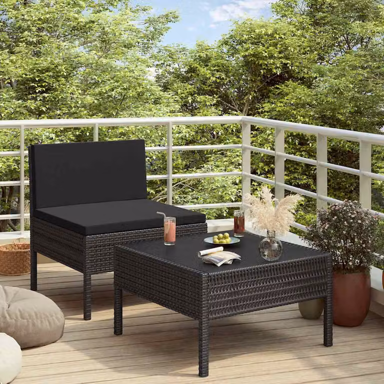 Set da giardino moderno vidaXL composto da divano a 2 posti e tavolino con cuscini imbottiti in tessuto resistente ai raggi UV e struttura in metallo nero