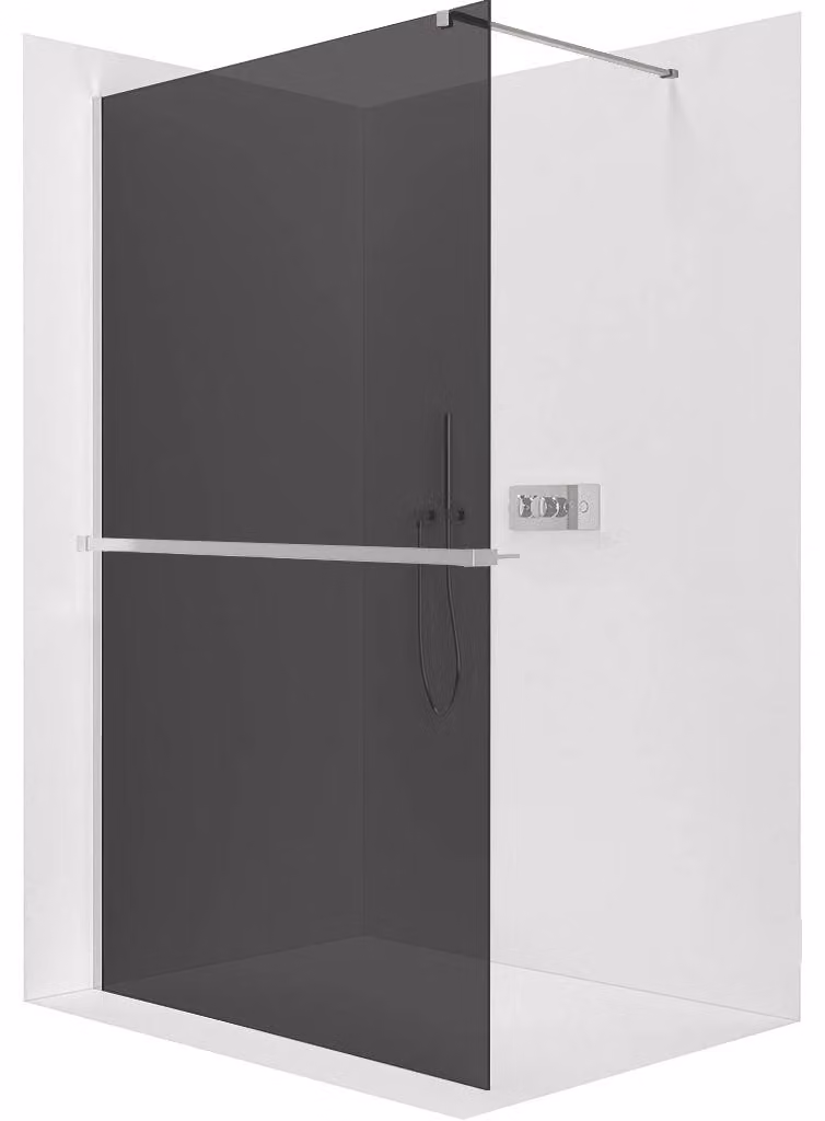 Pannello doccia angolare Walk-in Onyx Cube, versione sinistra/destra - vetro da 8 mm + ripiano/portasciugamani - struttura quadrata - cromato, vetro grigio - 110x200 cm