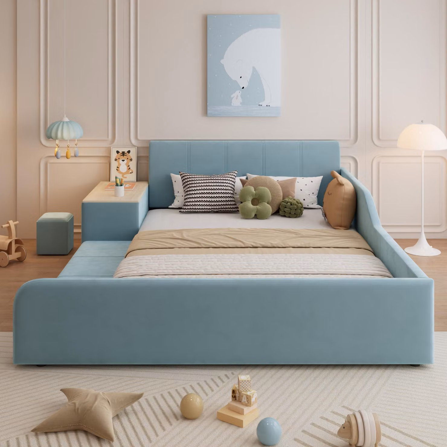 okwish Letto imbottito 140×200 Letto singolo con scrivania e sgabello per bambini, testiera morbida con ripiano, letto per bambini con doghe in legno, blu (senza materasso)