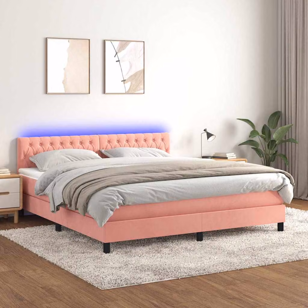 Letto a Molle con Materasso e LED vidaXL in Velluto Rosa, L/P/H: 180 x 200 x 203 cm – 1