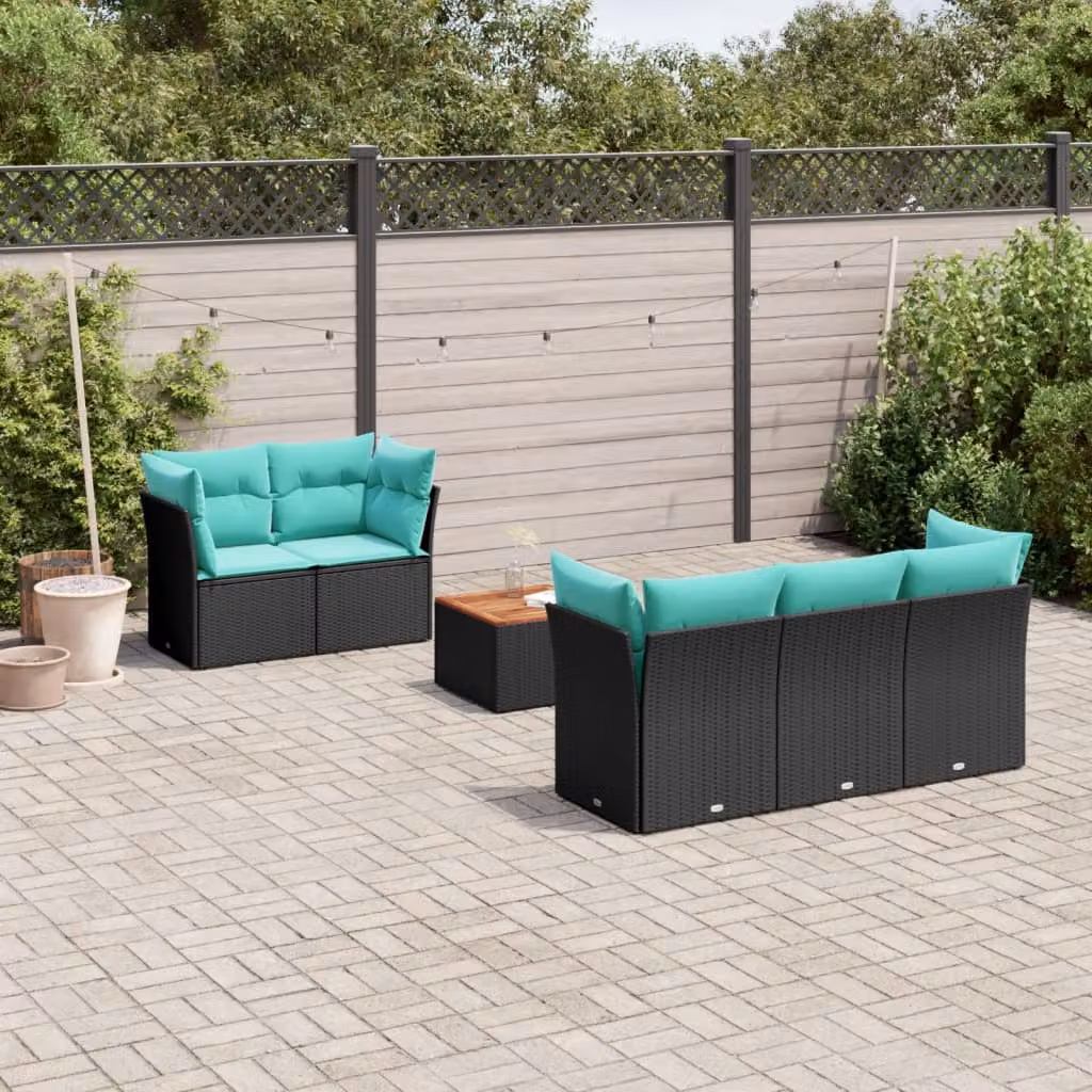 Set di divani da giardino vidaXL a forma di L in polyrattan nero con cuscini e tavolino da esterno