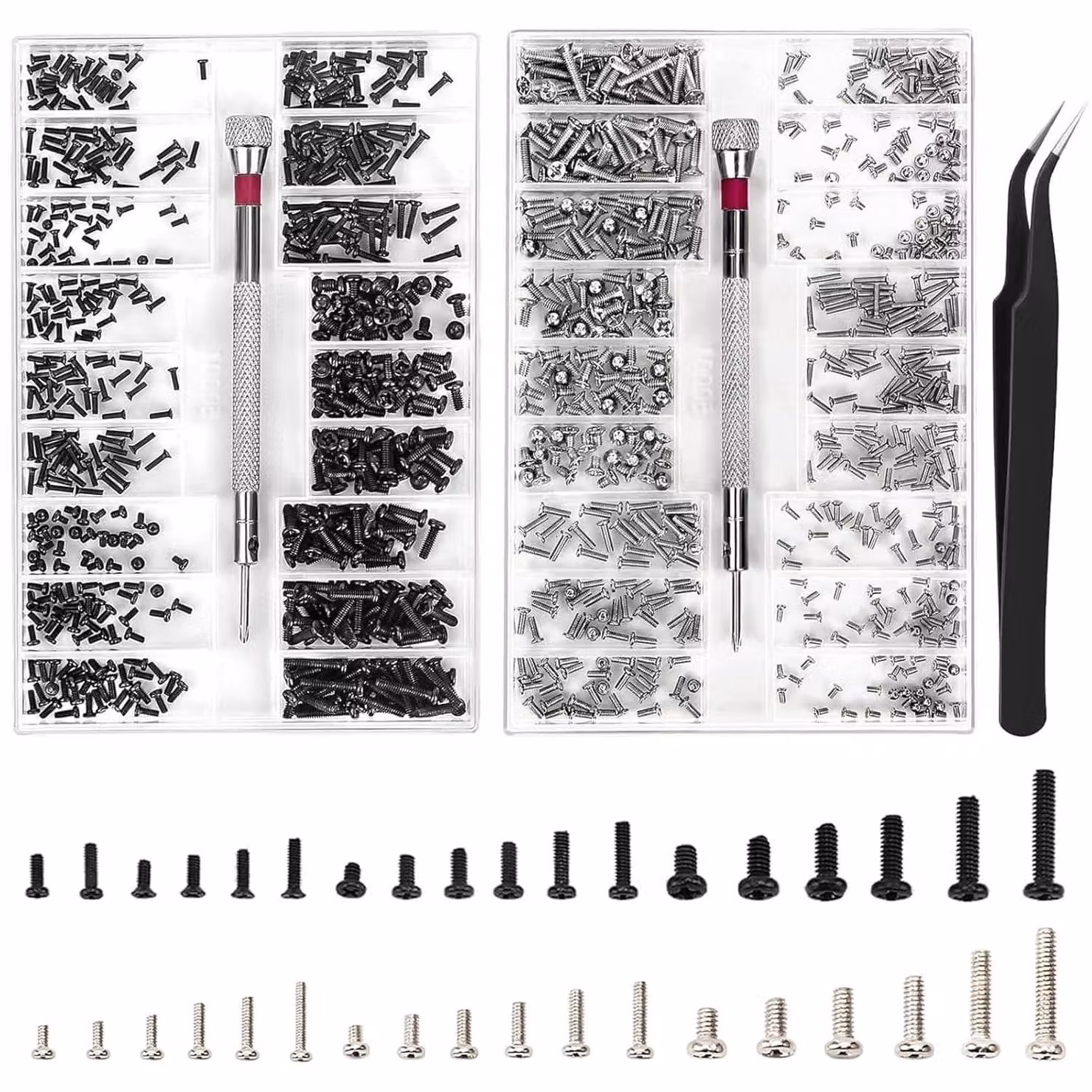 Set di viti da 1000 pezzi - Mini set di cacciaviti - Pinzette per riparazioni - Scatola assortita di viti - Acciaio al carbonio - Resistente e robusto
