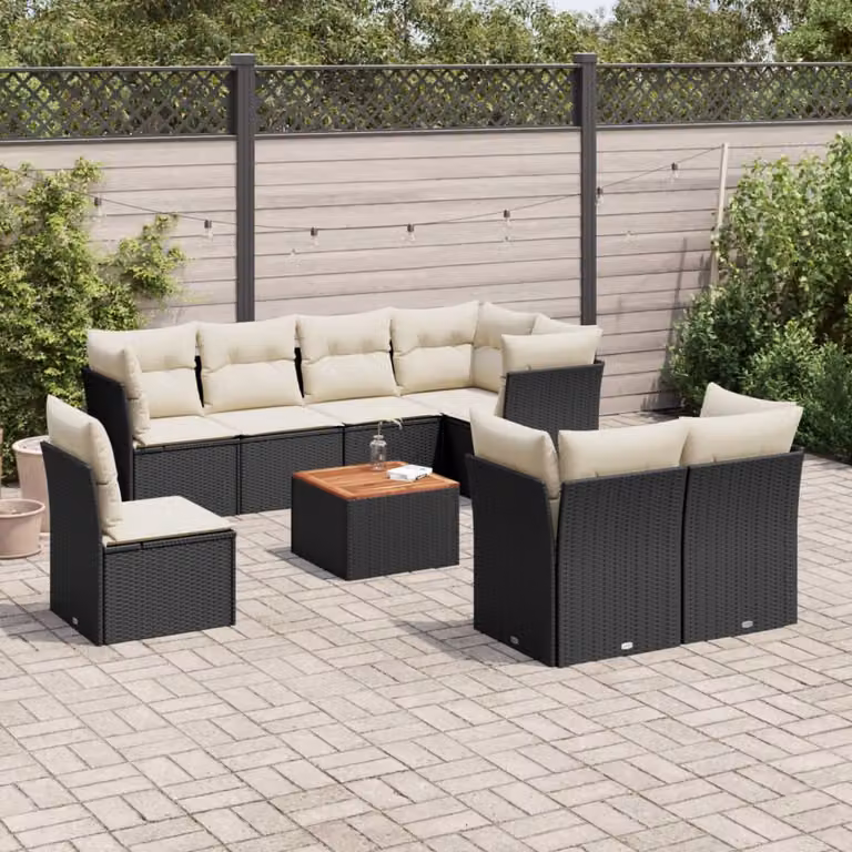 vidaXL Set Divani da Giardino a L 9 pz in Polyrattan con Cuscini e Tavolino da Esterno Nero